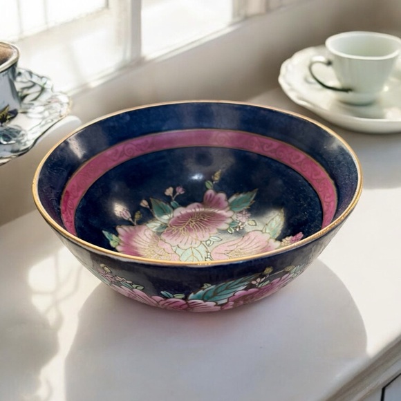 VTG WBI Chinoiserie Enameled Porcelain Rose Punch Bowl - Picture 3 of 11